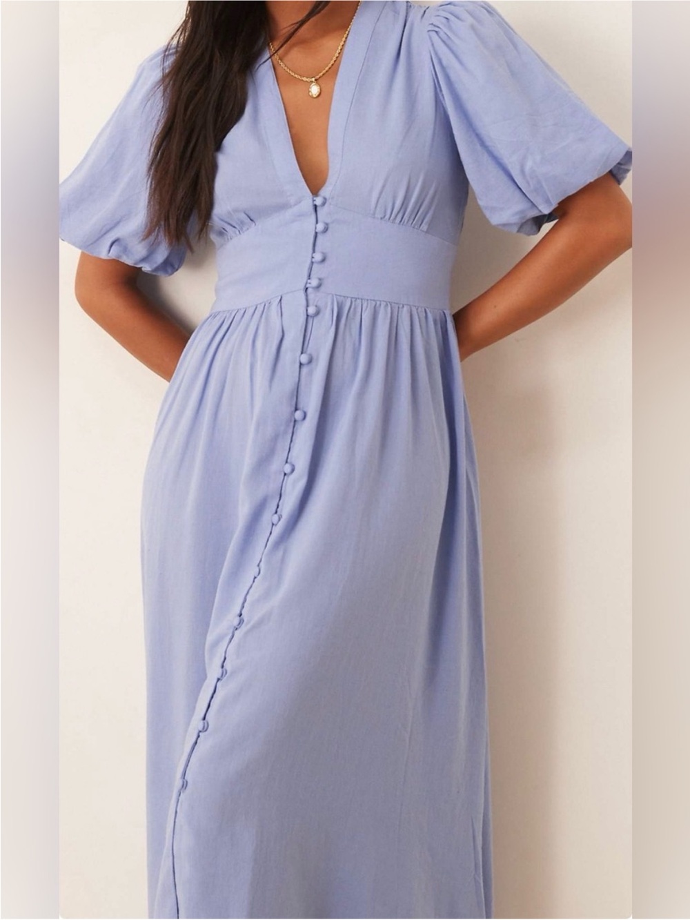 Powder Blue V-Neck Button-Front Maxi Dress